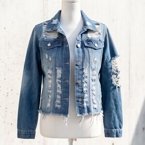 Thrill Jeans L Womens Distressed Denim Jacket Blue Large Biker Streetwear Punk‎